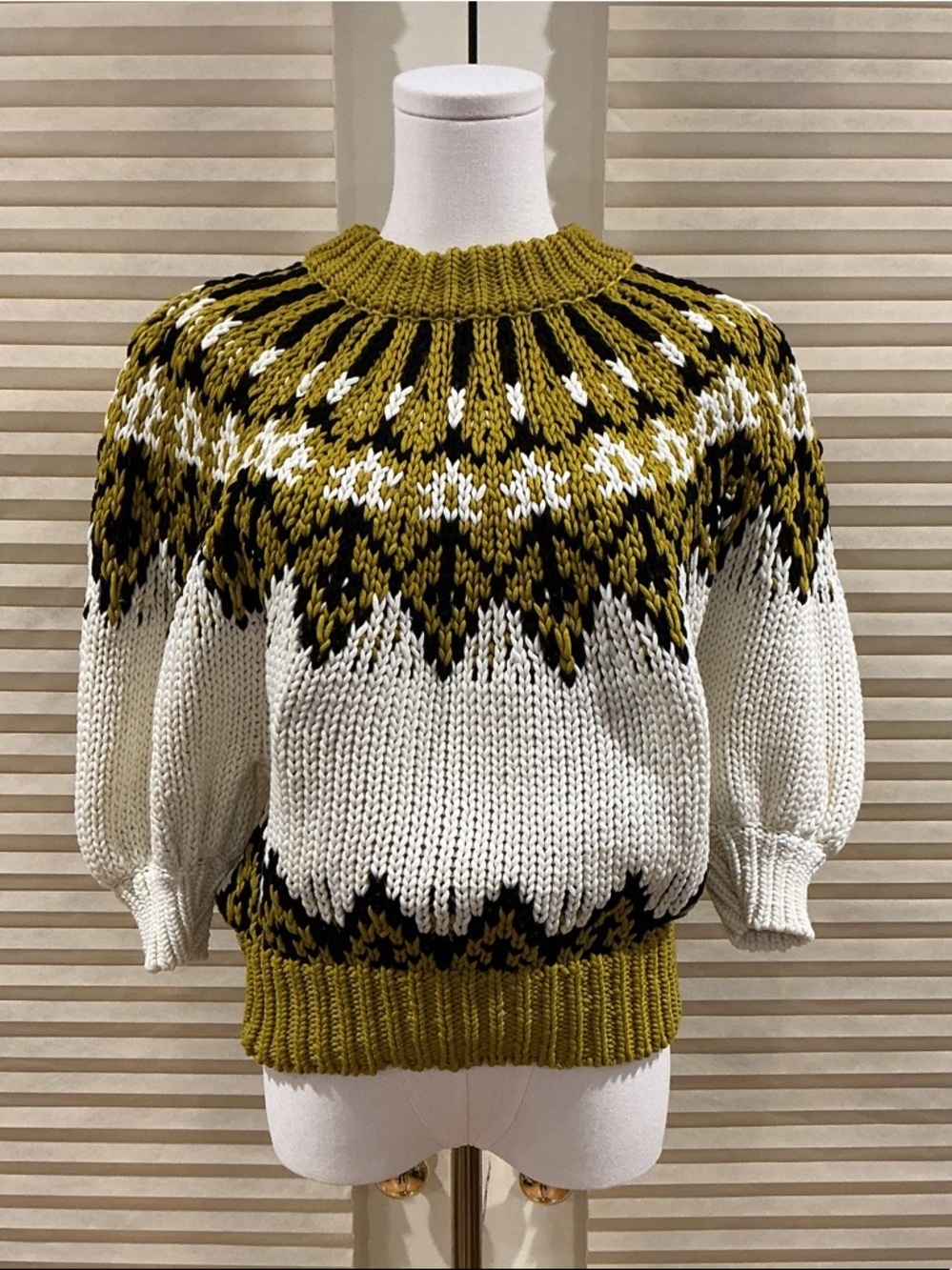 NWOT Altuzarra Olive, Black & White Fair Isle Crewneck Sweater, Size M